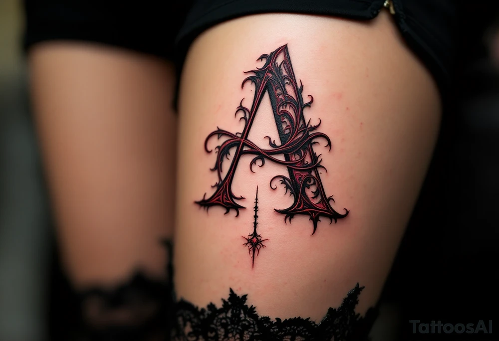 A bold gothic-style "A" in deep crimson with dark shadowing. tattoo idea