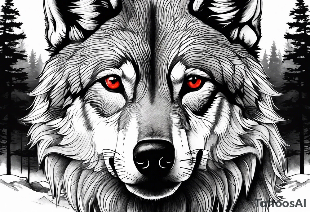 wolf with red eyes date 13/02/2022 in roman numerals forest background tattoo idea wolf with red eyes date 13/02/2022 in roman numerals forest background tattoo idea