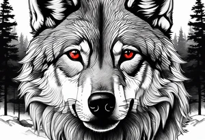 wolf with red eyes date 13/02/2022 in roman numerals forest background tattoo idea