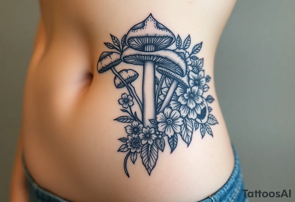 Could you possible make me a nature tattoo with mushrooms crystals  flowers mandala boho but vibrant colorful and psychedelic colorful too that would wrap from front of hip around side to mid back to cover an existing one tattoo idea