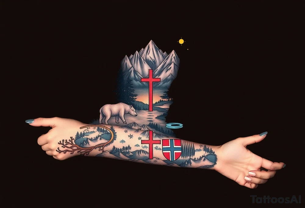 A full-sleeve with the Härjedalen landscape, reindeer, bear, lakes, mountains (Helags), cross and Härjedalen's coat of arms on the hand tattoo idea