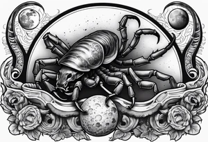 Scorpion crawling on ram skull with moon in background tattoo idea