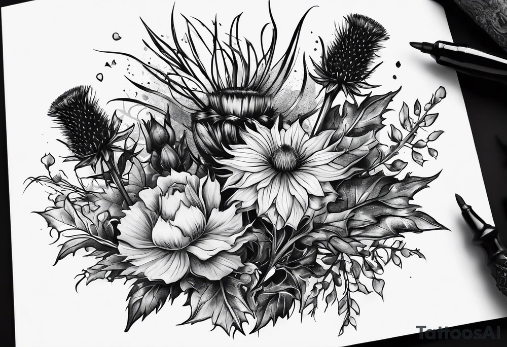 wildflowe bouquet including thistle with the lyricas "And I won't let me insecurities define who I am" around it tattoo idea