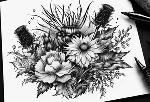 wildflowe bouquet including thistle with the lyricas "And I won't let me insecurities define who I am" around it tattoo idea