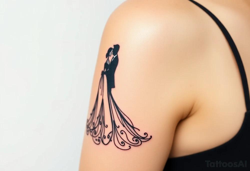 An elegant wedding dress and groom suit silhouette tattoo idea