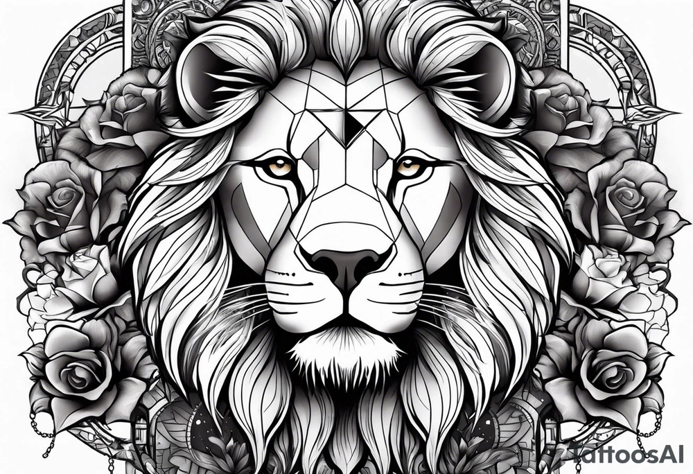 lion side face clock rose cross chain wing on thigh tattoo idea