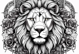 lion side face clock rose cross chain wing on thigh tattoo idea