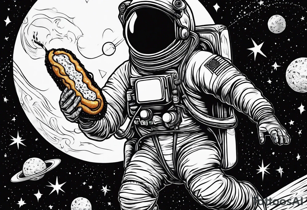 a picture of an astronaut eating a corndog while floating in space showing the full body tattoo idea