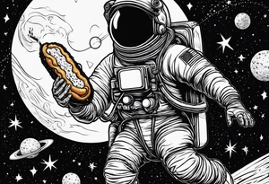 a picture of an astronaut eating a corndog while floating in space showing the full body tattoo idea
