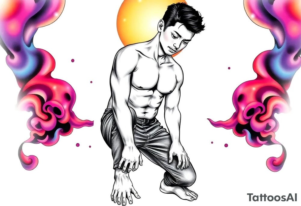 Handsome Asian young guy is standing on his knees and looking down tattoo idea