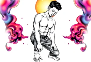 Handsome Asian young guy is standing on his knees and looking down tattoo idea