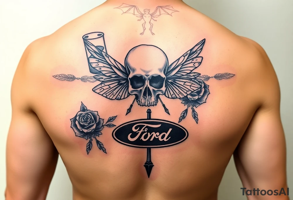Hourglass, skull, dragonfly, cross, black rose, and Ford emblem tattoo idea