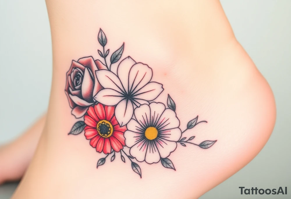 a watercolor tattoo with one rose, one lily, one marigold, and one cosmos flower. Half of it should be black and white and it should transition into rainbow tattoo idea