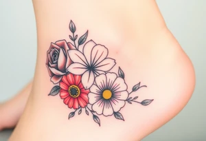 a watercolor tattoo with one rose, one lily, one marigold, and one cosmos flower. Half of it should be black and white and it should transition into rainbow tattoo idea