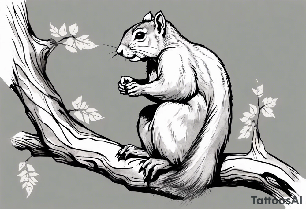 an elderly grey squirrel with a long beard wearing a black robe, meditating on a tree branch with eyes closed tattoo idea