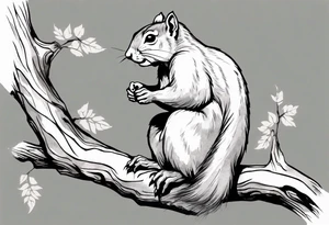 an elderly grey squirrel with a long beard wearing a black robe, meditating on a tree branch with eyes closed tattoo idea