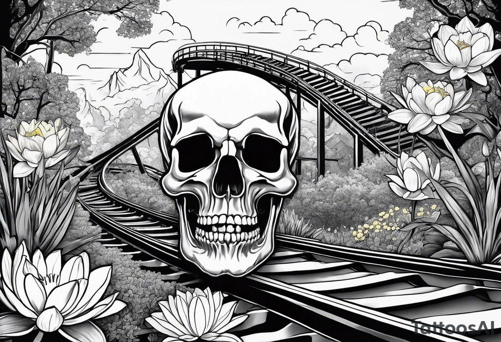 skull, roller coaster track, water lily, daffodil, space and stars, roller coaster track tattoo idea