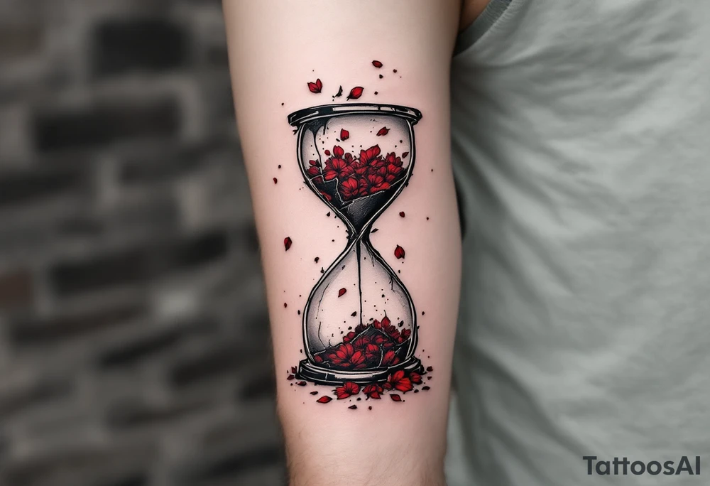 A grayscale hourglass cracked and spilling red petals, with "memento mori" in inked calligraphy curling along the base. tattoo idea