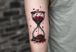 A grayscale hourglass cracked and spilling red petals, with "memento mori" in inked calligraphy curling along the base. tattoo idea