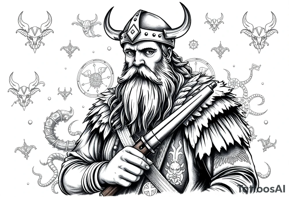 A Viking in the battlefield surrounded by Viking symbols and patterns. Hidden in the patterns is an Australian army rifle and slouch hat. tattoo idea