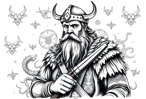 A Viking in the battlefield surrounded by Viking symbols and patterns. Hidden in the patterns is an Australian army rifle and slouch hat. tattoo idea