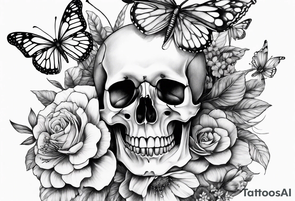 Sexy Skelton  sleeve with butterflies and flowers tattoo idea