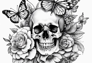 Sexy Skelton  sleeve with butterflies and flowers tattoo idea