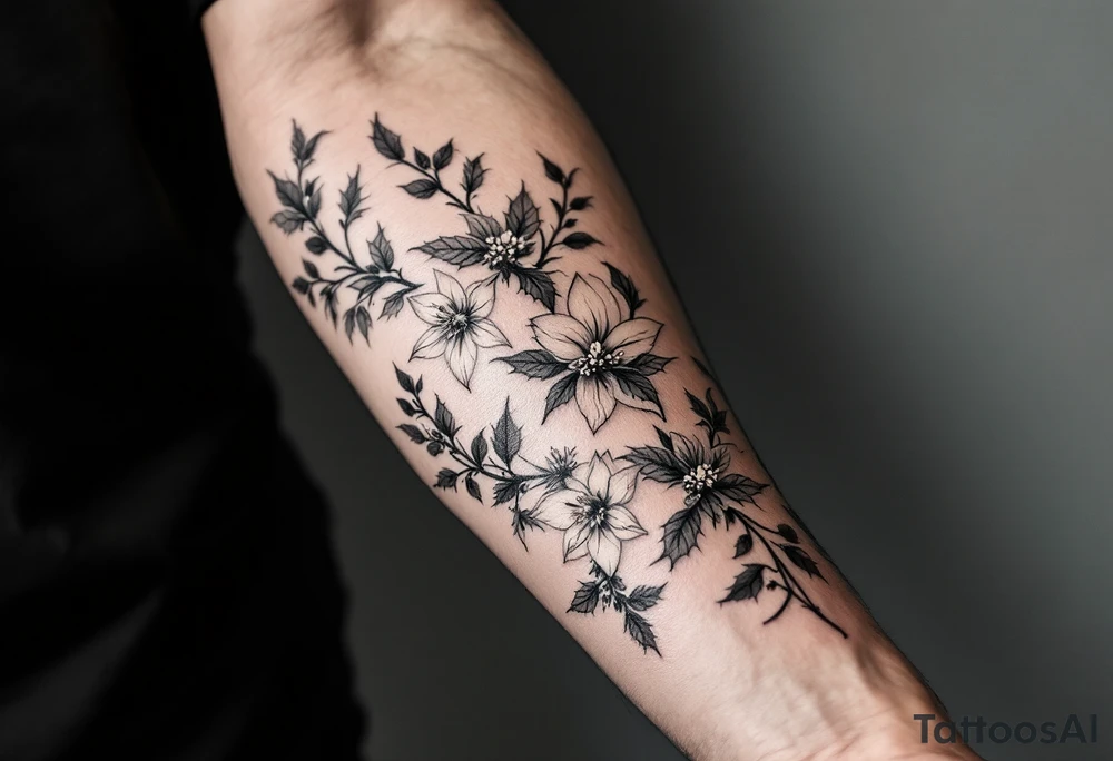 starting from a band mid-forearm, a sleeve of holly flowers and daffodils tattoo idea