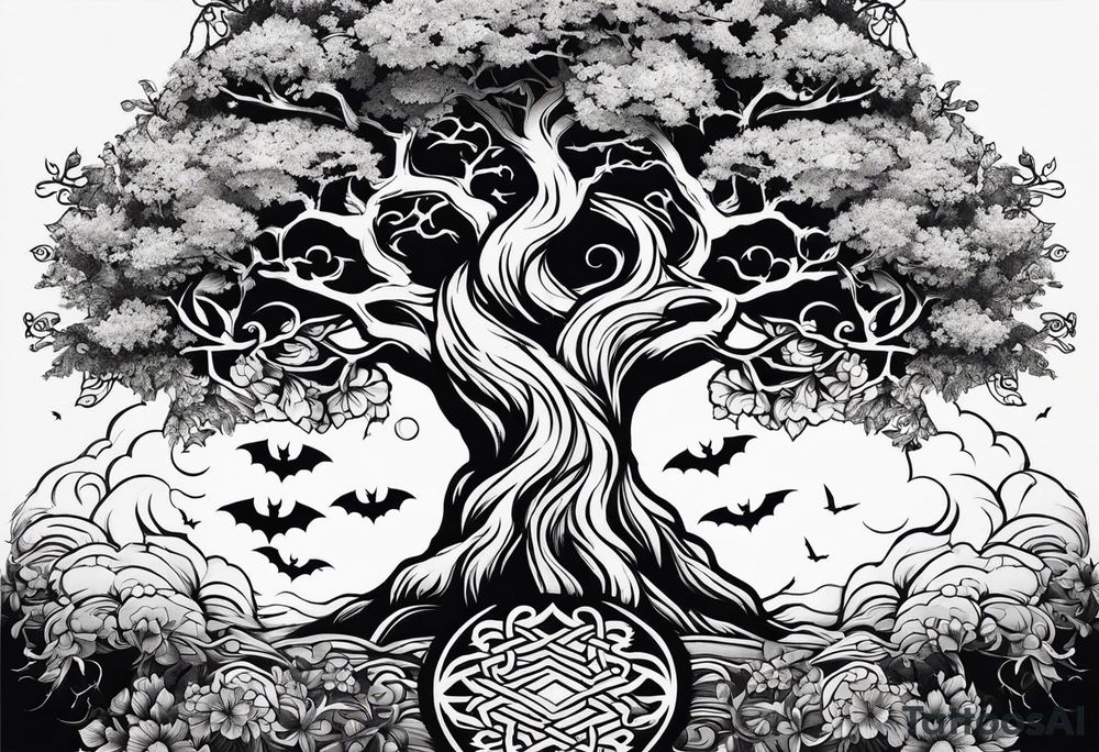 cross tree of life bats tattoo idea