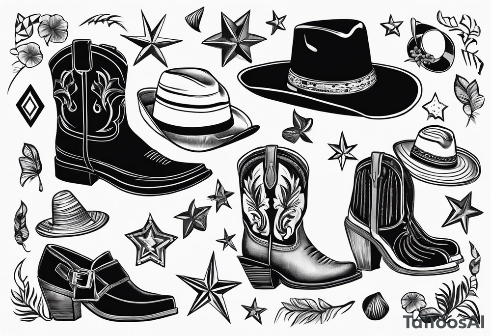 A pair of mens boots, a pair of womens sandals and a cowboyhat on the Beach. Keep it simple tattoo idea