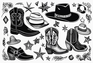 A pair of mens boots, a pair of womens sandals and a cowboyhat on the Beach. Keep it simple tattoo idea