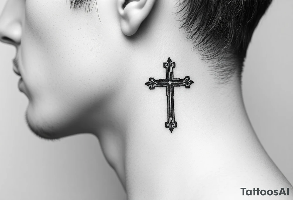orthodox christian cross relatively small on side of left neck tattoo idea