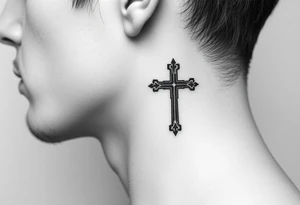 orthodox christian cross relatively small on side of left neck tattoo idea