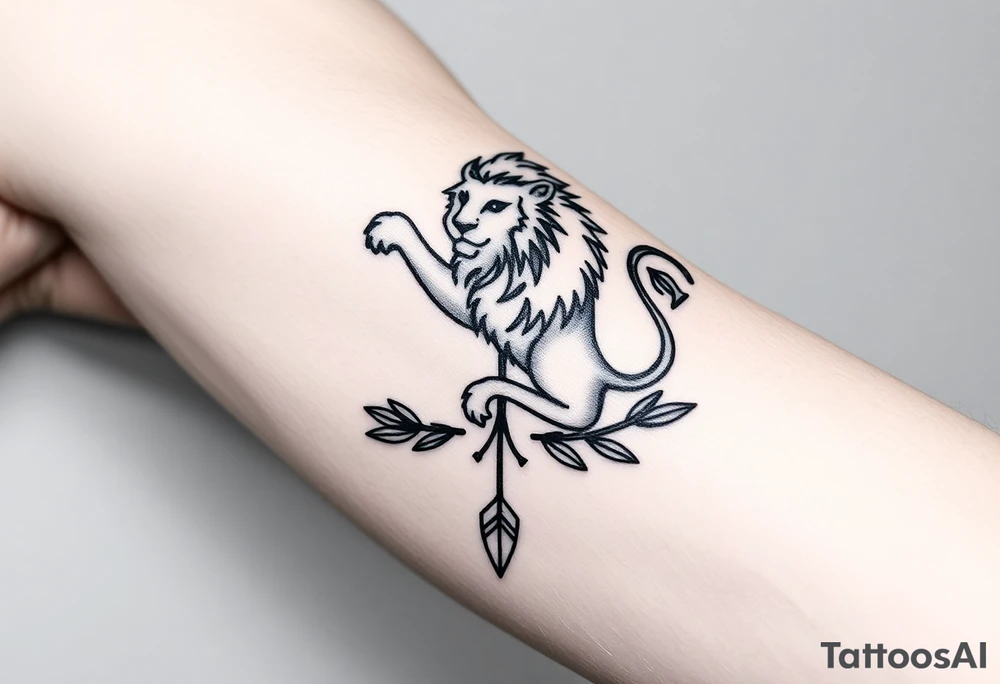 make me a  a Leo zodiac sign picture with an arrow coming out down and two sides surrounded by an olive tree leaf tattoo idea