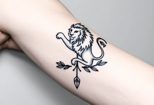 make me a  a Leo zodiac sign picture with an arrow coming out down and two sides surrounded by an olive tree leaf tattoo idea