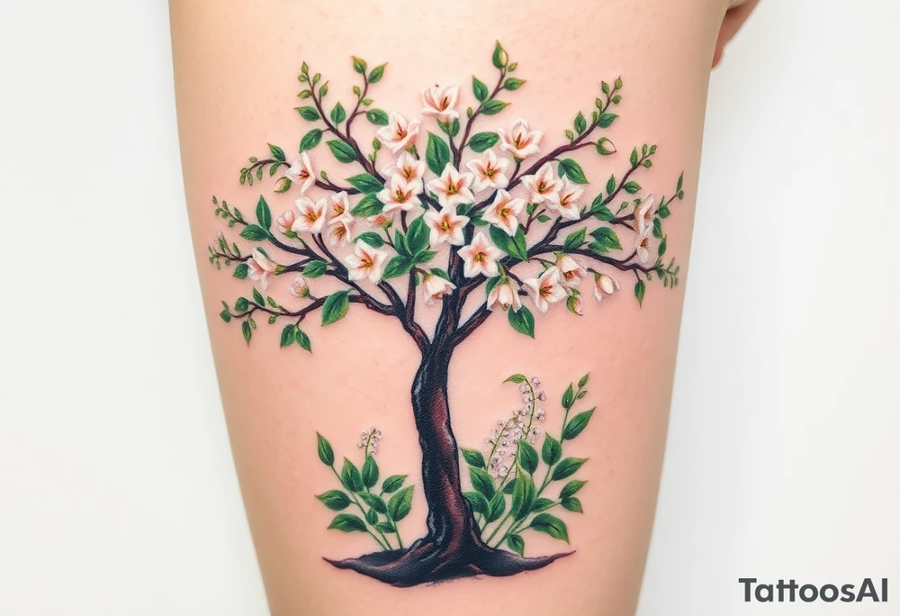 Flowering hawthorne tree with white lilly of the vally bell plants planted by  tree with other lilly plants tattoo idea