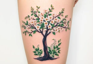 Flowering hawthorne tree with white lilly of the vally bell plants planted by  tree with other lilly plants tattoo idea
