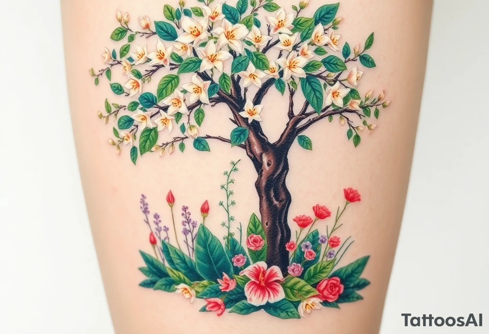 Lilly of the vally plants underneath a blooming hawthorn tree with other colorful lilly plants on ground tattoo idea