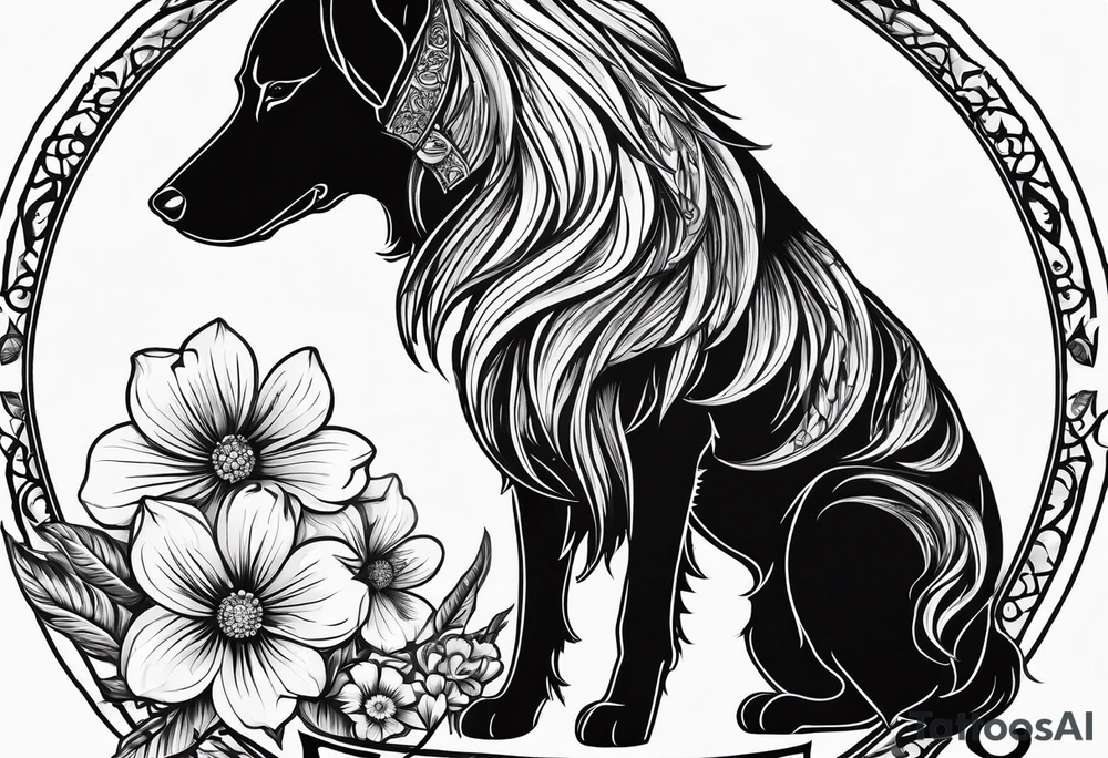 The name “odin” in script cursive writing with April birth flowers placed nicely through it and a dogs nose print at the end tattoo idea