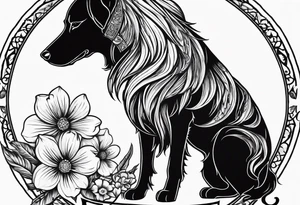 The name “odin” in script cursive writing with April birth flowers placed nicely through it and a dogs nose print at the end tattoo idea