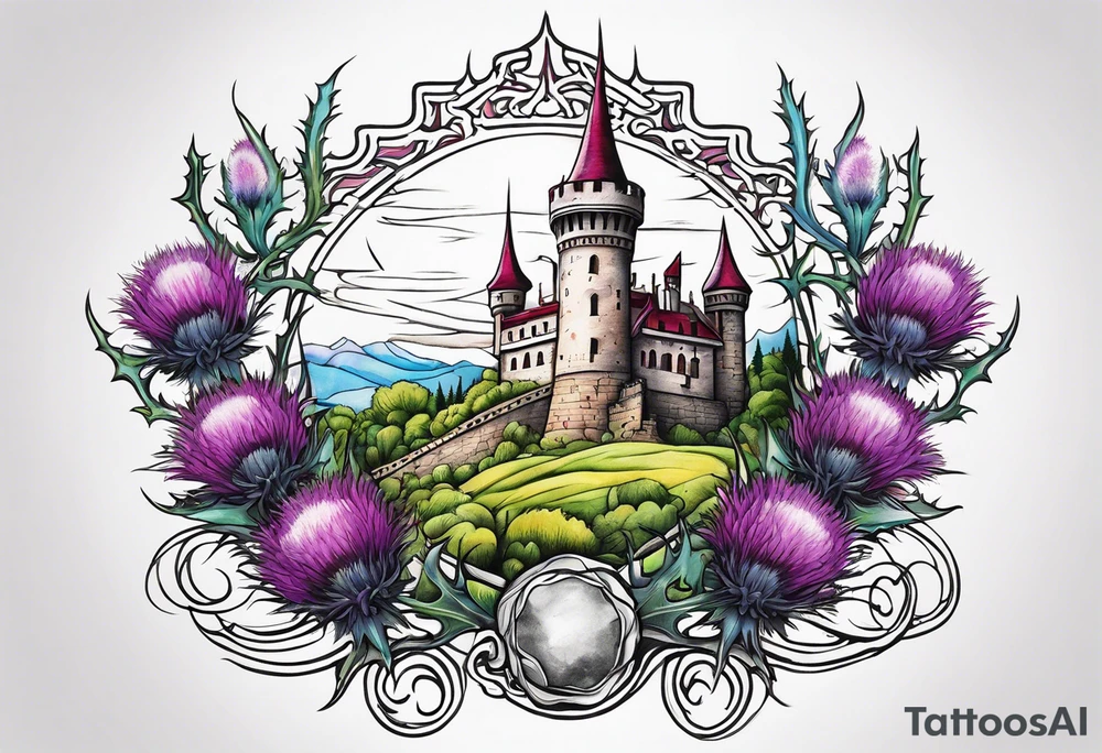 Thistles growing around a castle turret tattoo idea