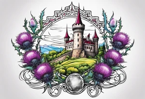 Thistles growing around a castle turret tattoo idea
