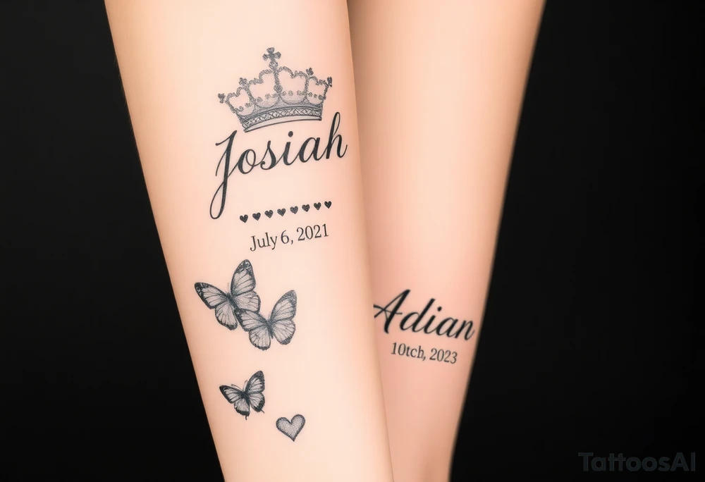 Feminine womens tatto that starts as sleeve and goes down to ankle and in tattoo the names JOSIAH in cursive written with the date July 6th 2021 iAND NEXT TO NAME A PRINCE CROWN and butterfly's and the cancer zodiac number in between with the capricorn sing in between and hearts and the next part lower part of tatto the name ADIAN WITH THE DATE March 10th 2023 WITH A SMALLER PRINCE CROWN THEN THE JOSIAHS CROWN AND THEN LITTLE BUTTERFLYS WITH THE PACIES ZODIAC SING IN AND THE CAPRICORN ZODIAC SIGN BOTH SMALL AND IN BETWEEN THE BUTYERFLYS AND HEARTS MAKE IT MIX TOGTHER DO THE SAME WITH THE CANCER AND CPROCORN SIGN ABOVE only write each name once tattoo idea