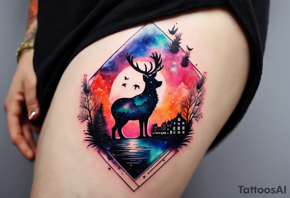 Arm tattoo, Animals, birds, stag, fox, watercolour of animals made from glass in Amsterdam featuring Amsterdam buildings and Amsterdam canal in galaxy colours featuring pineapples as space colours, galaxy colours, night sky, pineapples tattoo idea