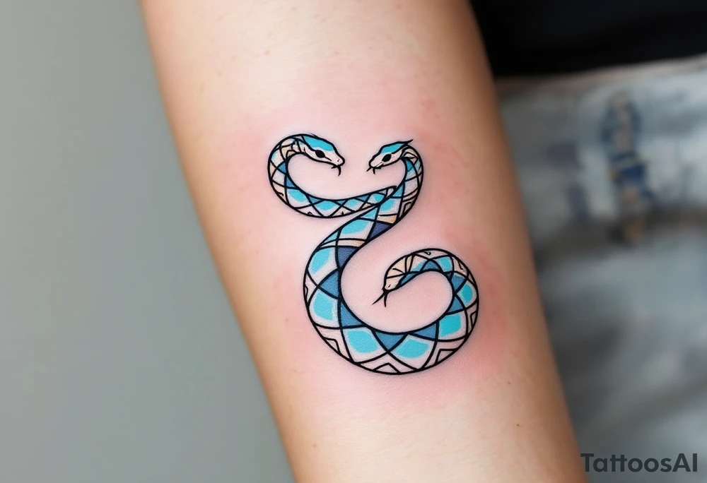 A minimalist twin snake design, one outlined in black and the other in electric blue, intertwined in a spiral. With word gemini tattoo idea