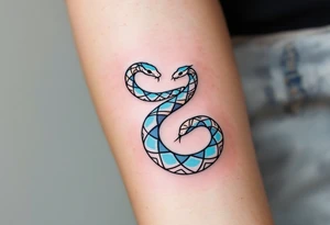 A minimalist twin snake design, one outlined in black and the other in electric blue, intertwined in a spiral. With word gemini tattoo idea