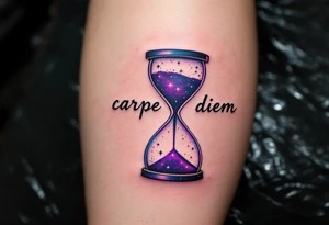 Elegant serif black ink "carpe diem" paired with a purple hourglass filled with stars, hinting at cosmic time on the back side of calf tattoo idea