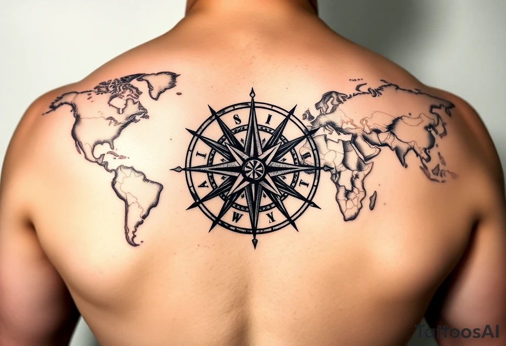 antique compass rose overlaid on weathered world map with sailing ships tattoo idea