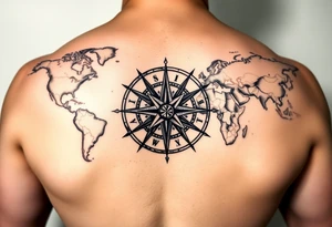 antique compass rose overlaid on weathered world map with sailing ships tattoo idea