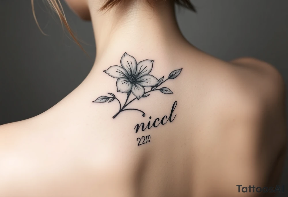 Fine line tattoo with March birth flower, a click with the time 2pm and name nicola tattoo idea
